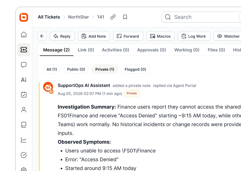 Ticket with a private note from the background AI agent showing an investigation summary and observed symptoms
