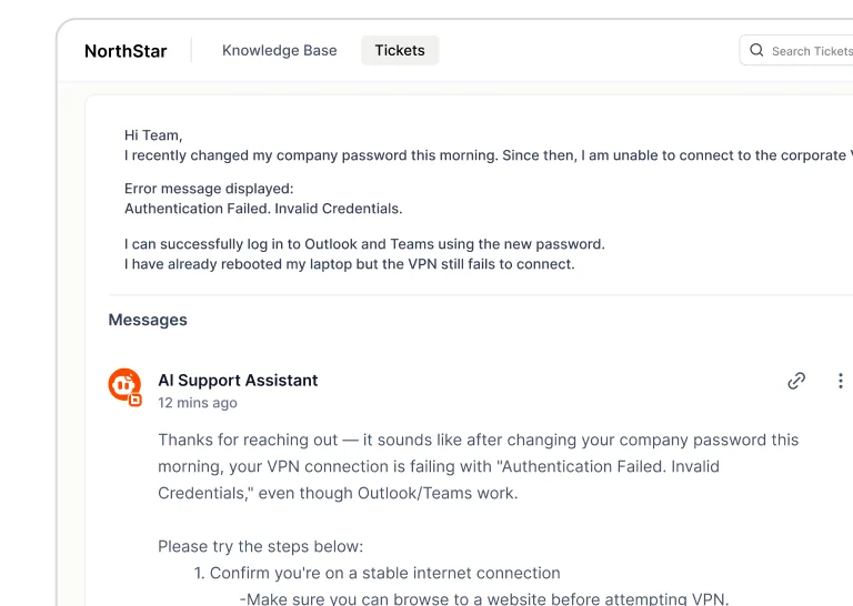 Customer ticket about a VPN error answered by the AI Support Assistant with troubleshooting steps