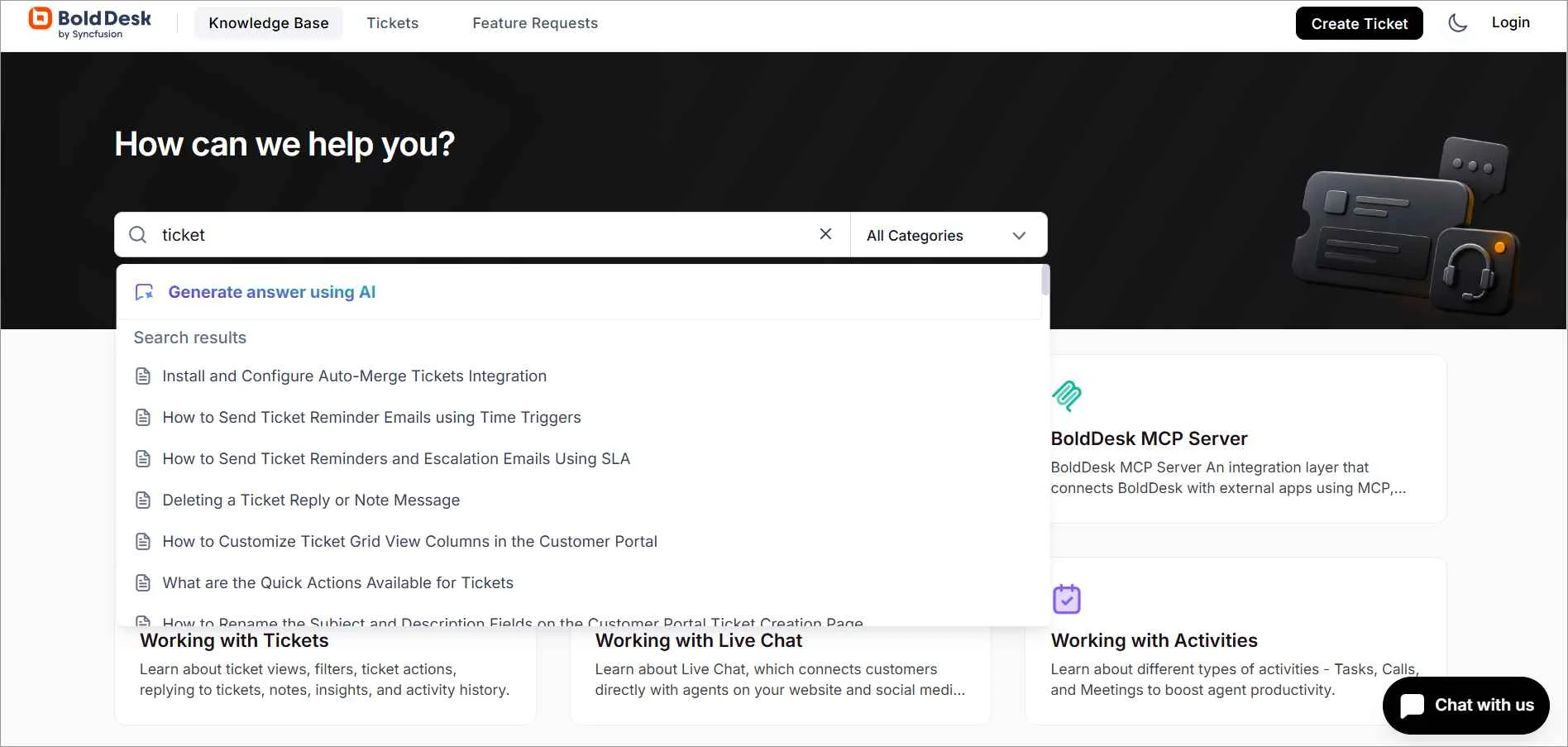 BoldDesk knowledge base showing AI-powered search results, category filtering, and self-service support content.