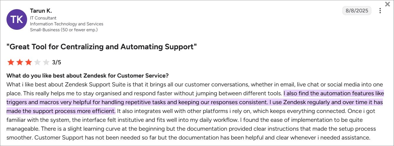 G2 review highlighting Zendesk automation features, including triggers and macros for consistent support workflows.