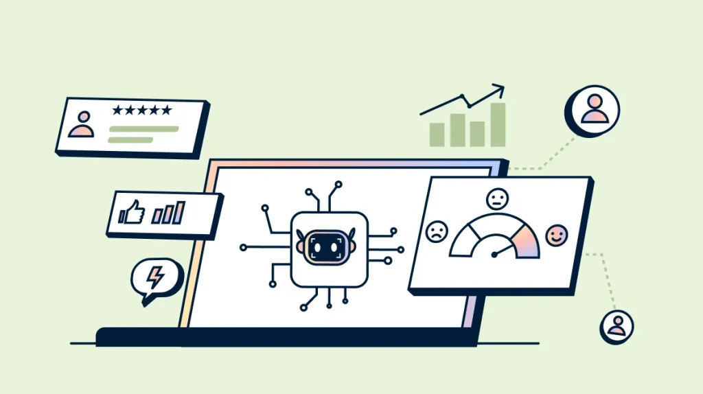 Illustration showing AI customer feedback analysis on a laptop dashboard with sentiment tracking, customer ratings, and feedback insights.