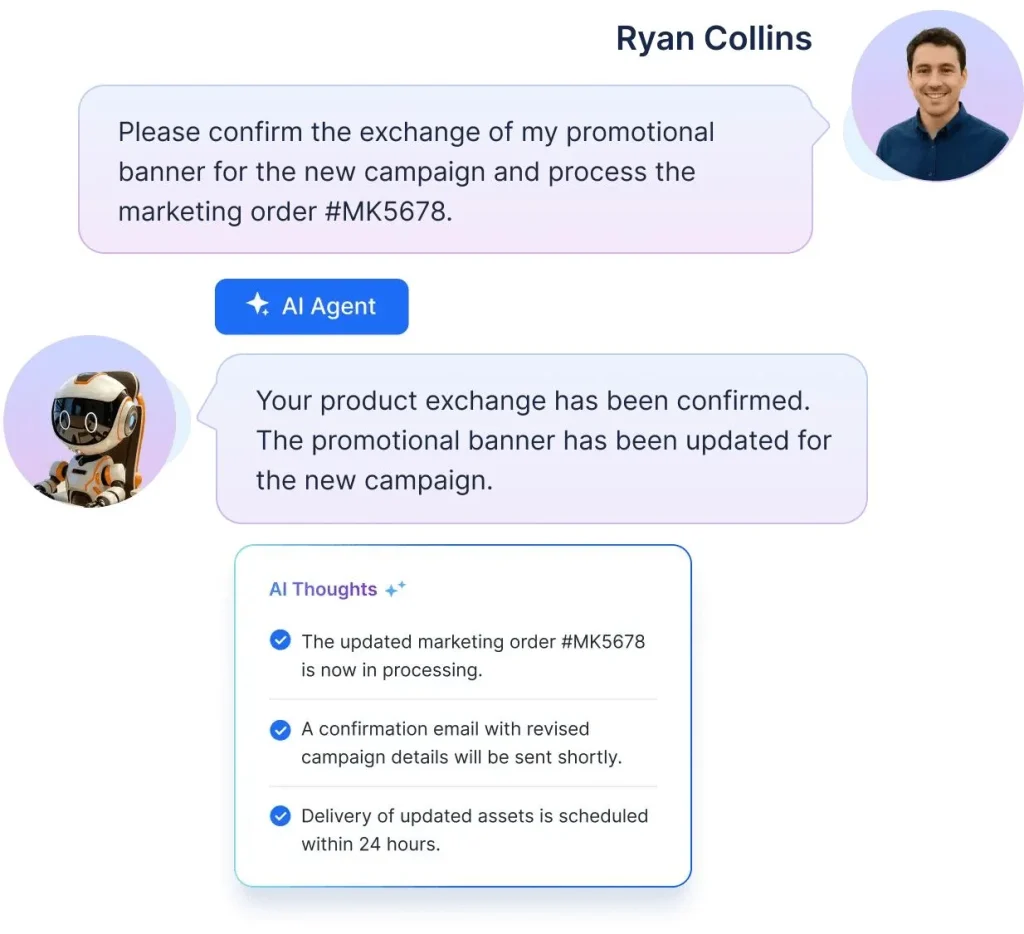 AI customer support agent processing a request and updating order details with automated workflow and confirmation steps