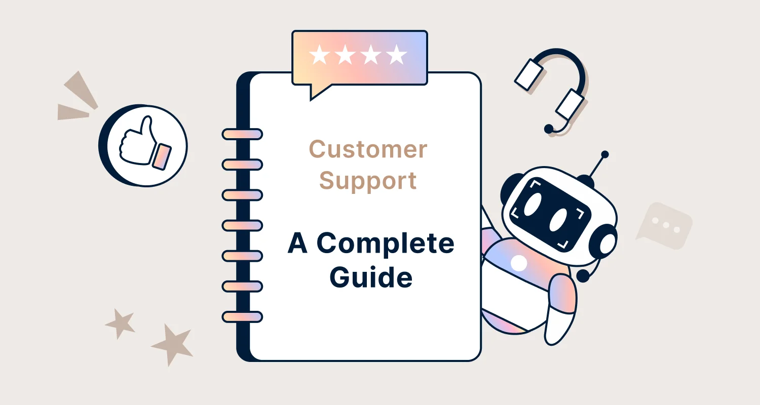 AI agents in customer support guide illustration with chatbot, ratings icons, and help desk elements