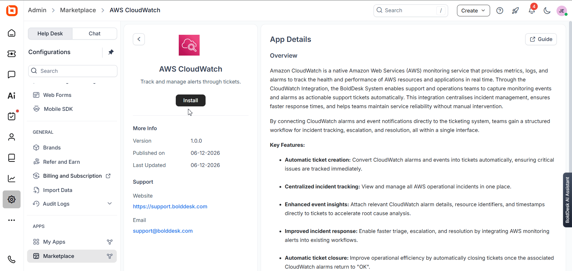 Setting up AWS cloud integration in BoldDesk