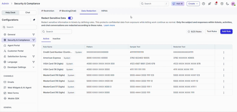 Setting up custom regex rules to redact sensitive information in BoldDesk