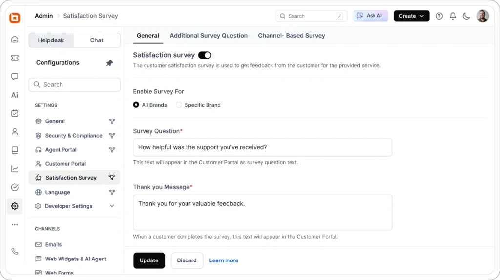 BoldDesk satisfaction survey settings page showing customer feedback survey configuration and automated CSAT collection.