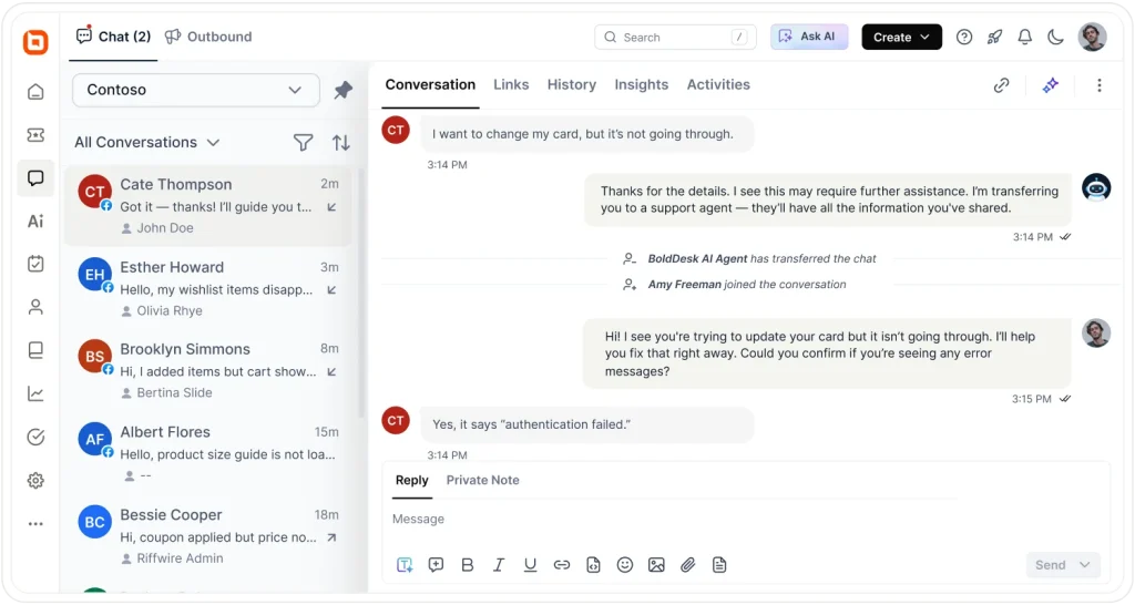 Customer support dashboard showing AI-to-agent chat transfer and a live payment card troubleshooting conversation