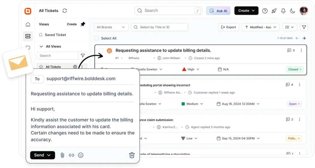 Support dashboard showing incoming email automatically routed into a ticket queue with billing update request details