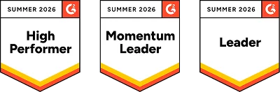 G2 Summer 2026 badges showing Leader, High Performer, Momentum Leader, Fastest Implementation, and Best Estimated ROI awards.