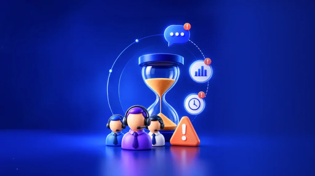 Support teams agent with headsets beside an hourglass and alert icons, illustrating hidden delays affecting efficiency.