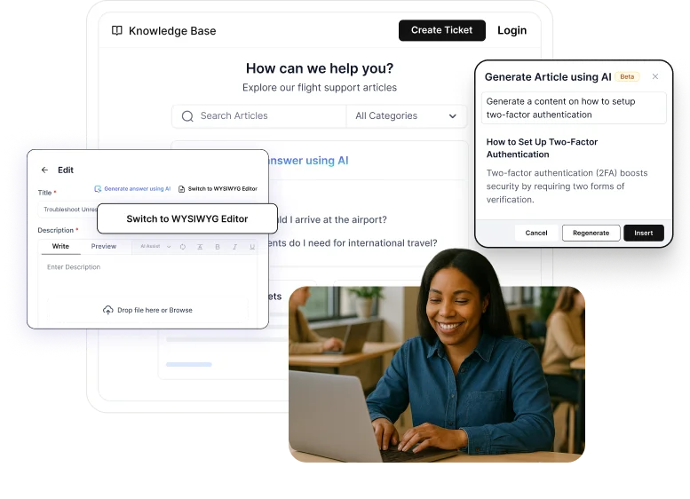 AI‑powered knowledge base generating help center articles to improve customer self‑service and support efficiency