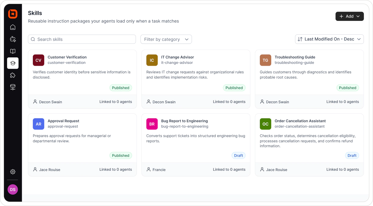The BoldDesk Skills library listing published and draft skills, each with its owner and the number of AI agents it is linked to