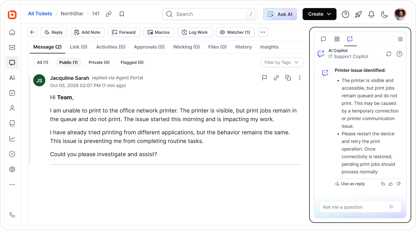 BoldDesk AI Copilot panel identifying a printer issue and suggesting a fix, with a Use as reply option